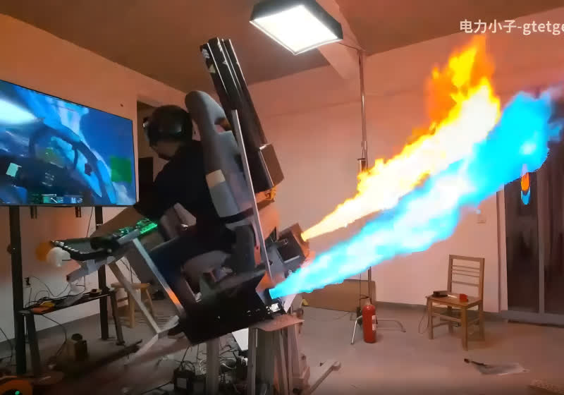 This incredible DIY flight sim cockpit features flaming afterburners, a pneumatic cannon, and firework rockets